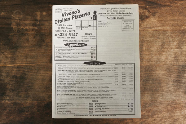 an example of menu printing at creative printing and publishing in orlando florida